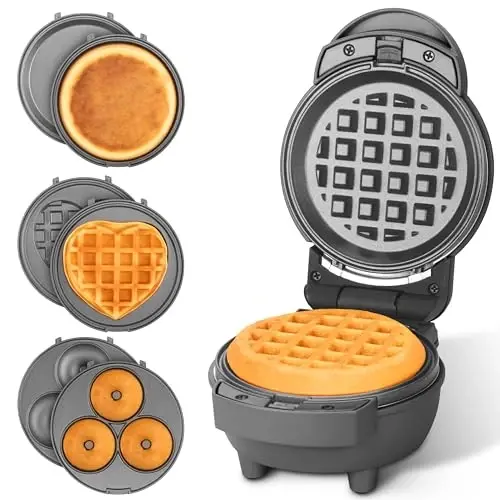 Baker's Friend 4 in 1 Mini Waffle Maker with Removable Plates, A Set of Mini Pancake Maker, Mini Donut Maker, Mini Heart Shape Waffle Maker and Small Waffle Maker, Recipe Included, Graphite, Compact 