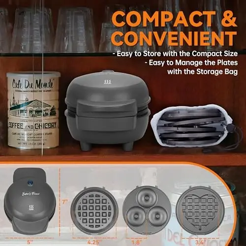 Baker's Friend 4 in 1 Mini Waffle Maker with Removable Plates, A Set of Mini Pancake Maker, Mini Donut Maker, Mini Heart Shape Waffle Maker and Small Waffle Maker, Recipe Included, Graphite, Compact - 4