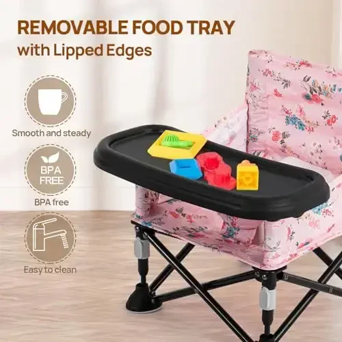 Booster Seat for Kitchen Chair with Removable Tray, Portable Foldable Baby Chair for Babies 6-36 Months, Indoor Outdoor Toddler Camping Chair (Pink Floral Design) - 5