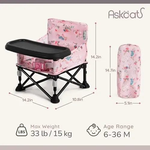 Booster Seat for Kitchen Chair with Removable Tray, Portable Foldable Baby Chair for Babies 6-36 Months, Indoor Outdoor Toddler Camping Chair (Pink Floral Design) - BOOSTER