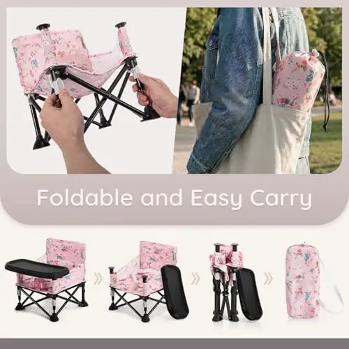 Booster Seat for Kitchen Chair with Removable Tray, Portable Foldable Baby Chair for Babies 6-36 Months, Indoor Outdoor Toddler Camping Chair (Pink Floral Design) - 2