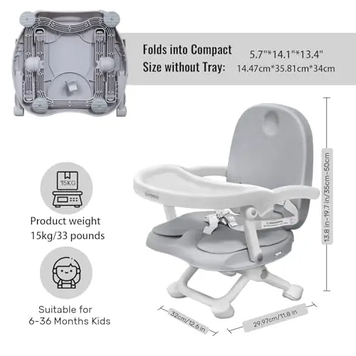 Baby Booster Seat for Dining Table with Removable Tray & Cushion, 3in1 Portable Toddler Booster Seat, 4 Height Adjustable Travel High Chair for Babies and Toddlers - 2
