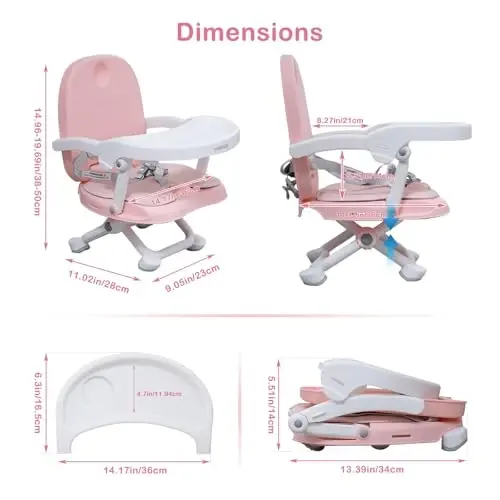 Baby Booster Seat for Dining Table with Removable Tray & Cushion, 3in1 Portable Toddler Booster Seat, 4 Height Adjustable Travel High Chair for Babies and Toddlers 