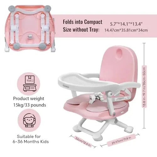 Baby Booster Seat for Dining Table with Removable Tray & Cushion, 3in1 Portable Toddler Booster Seat, 4 Height Adjustable Travel High Chair for Babies and Toddlers - 2