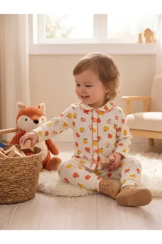 Çilek Baskılı Bebek Yenidogan Çocuk Kiz Erkek Pamuklu Oyali Pijama Takımı Hediyelik-kırmızı1 - BUUFUU (1)