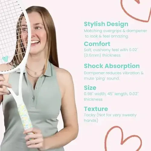 Strawberries and Cream Tennis Tape & Dampener Set - 2 Tacky 45” Long x 0.98” Wide Racket Handle Overgrips & 1 Matching Ping Dampener - 3