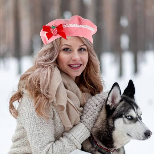 Women's Wool Strawberry Hat, Wool Pink Beret Bowknot Beret with Pearls French Style Pink Berets for Women - 3