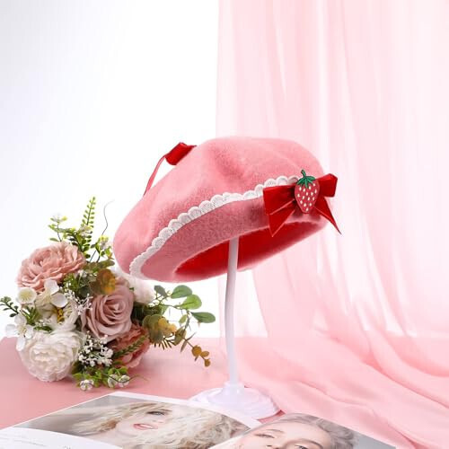 Women's Wool Strawberry Hat, Wool Pink Beret Bowknot Beret with Pearls French Style Pink Berets for Women - 6