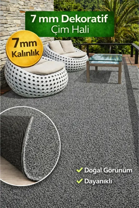Çim Halı Gri Dekoratif Premium Kalite Suni Çim Balkon Bahçe Kaymaz Taban 7 Mm - Grix - 1