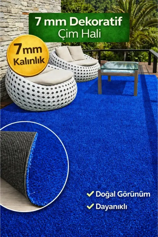 Çim Halı Mavi Dekoratif Premium Kalite Suni Çim Balkon Bahçe Kaymaz Taban 7 Mm - Mavi - NURTEKS