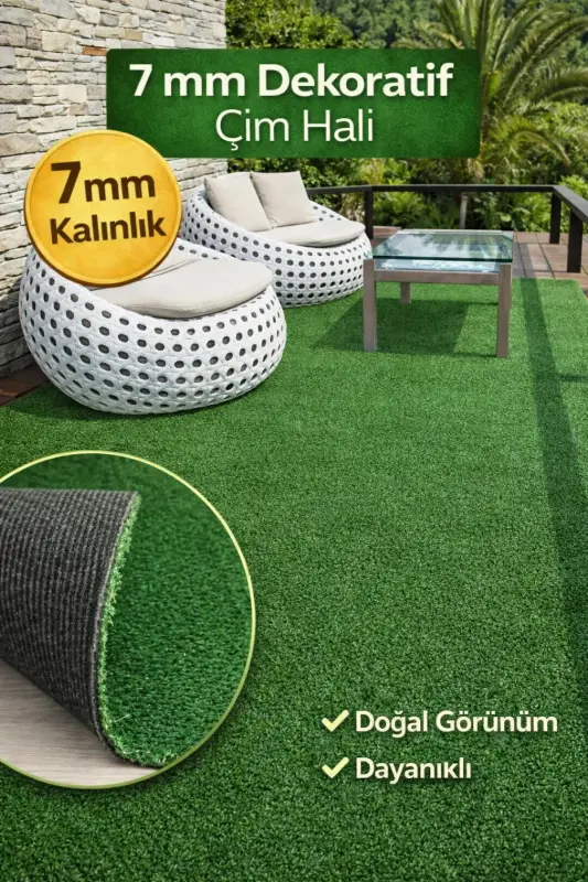 Çim Halı Yeşil Dekoratif Premium Kalite Suni Çim Balkon Bahçe Kaymaz Taban 7 Mm - Yeşilx - 2