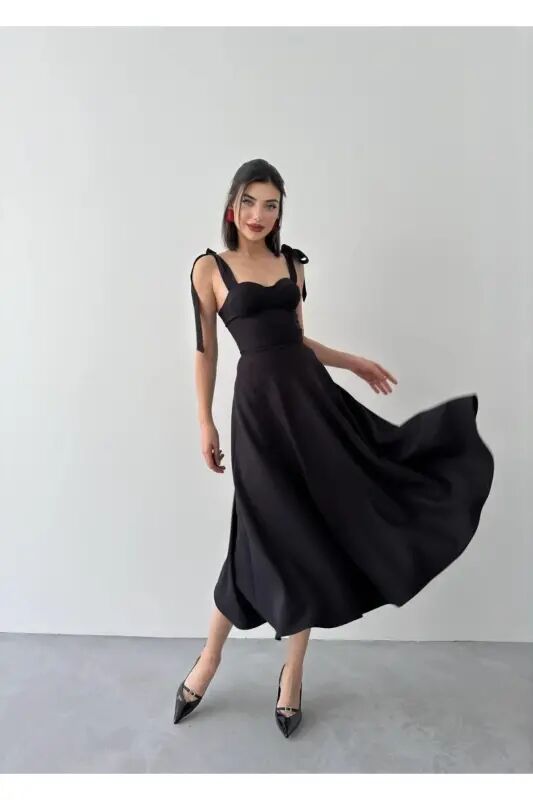 Cinderella Midi Atlas Dress-black - 3