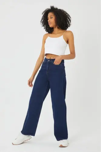 Cindy Koyu Lacivert Extra Yüksek Power Likralı Salaş Jeans Palazzo Pantolon (SÜPER YÜKSEK)-koyumavii22 