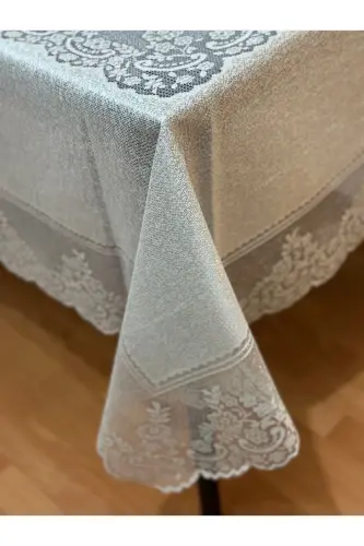 Çini Desenli Dertsiz Leke Tutmaz Dantelli Masa Örtüsü Gümüş 160x220 Cm - Gri - 1