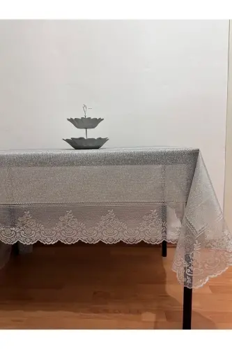 Çini Desenli Dertsiz Leke Tutmaz Dantelli Masa Örtüsü Gümüş 160x220 Cm - Gri - 5