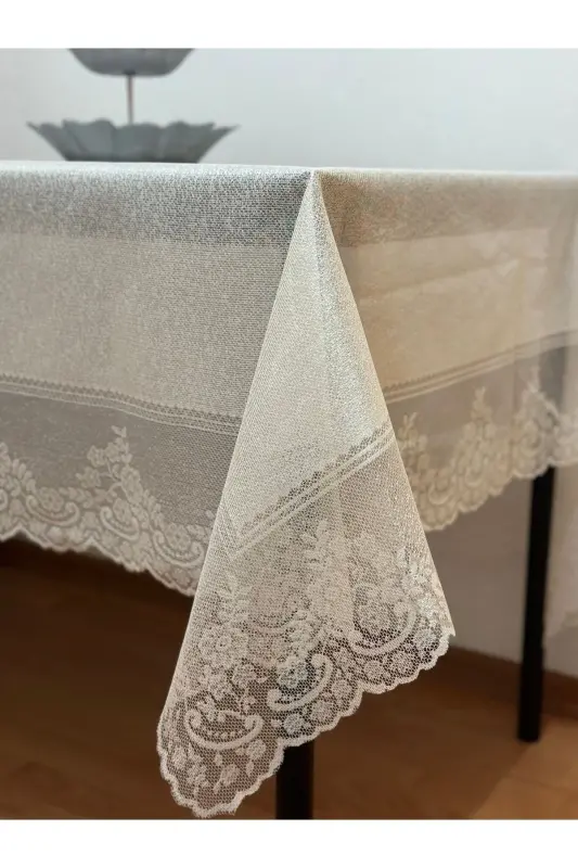 Çini Desenli Dertsiz Leke Tutmaz Dantelli Masa Örtüsü Krem 160x220 Cm - Krem - 3