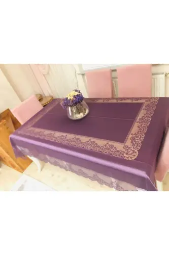 Çini Desenli Dertsiz Leke Tutmaz Dantelli Masa Örtüsü Mor 160x220 Cm - Mor - 5
