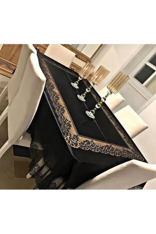 Çini Desenli Dertsiz Leke Tutmaz Dantelli Masa Örtüsü Siyah 160x220 Cm - Siyah - 6