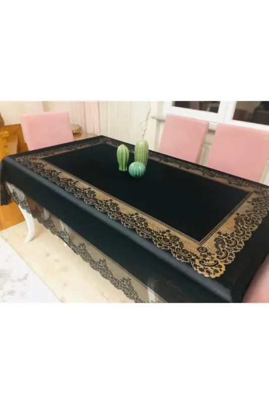 Çini Desenli Dertsiz Leke Tutmaz Dantelli Masa Örtüsü Siyah 160x220 Cm - Siyah - 7