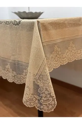 Çini Desenli Dertsiz Leke Tutmaz Dantelli Masa Örtüsü Sütlü Kahve 160x220 Cm - Sütlü Kahve - 4