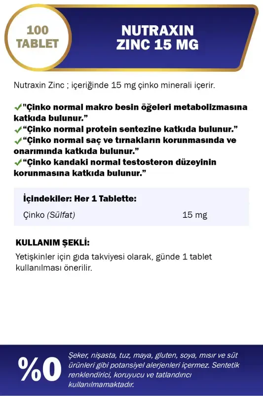 Zinc Sulphate 15 mg | Çinko Takviyesi | 100 Tablet | Bağışıklık ve Hücre Sağlığı İçin - 2