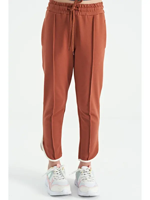 Cinnamon Bias Detailed Lace-Up Front Nevr Wide Leg Girl Tracksuit Bottom - 75124-Brown - LC WAIKIKI