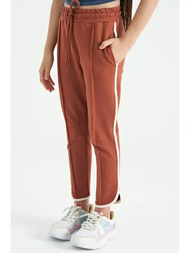 Cinnamon Bias Detailed Lace-Up Front Nevr Wide Leg Girl Tracksuit Bottom - 75124-Brown - 3