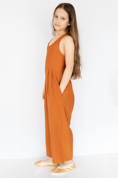 Cinnamon Colored Linen Baby Girl Jumpsuit - 6