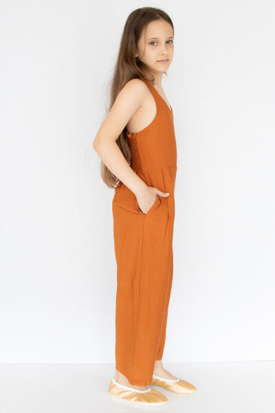 Cinnamon Colored Linen Baby Girl Jumpsuit - 7