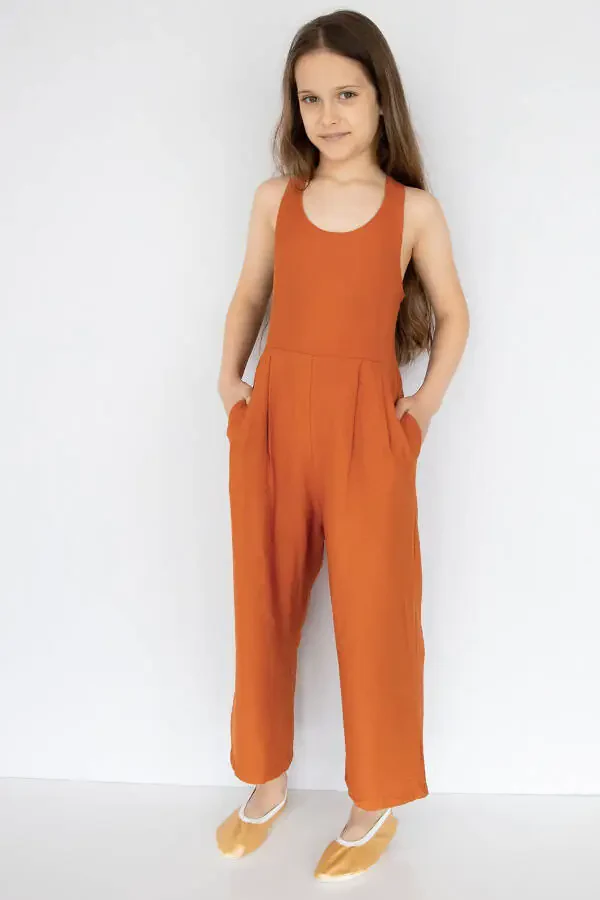 Cinnamon Colored Linen Baby Girl Jumpsuit - 5