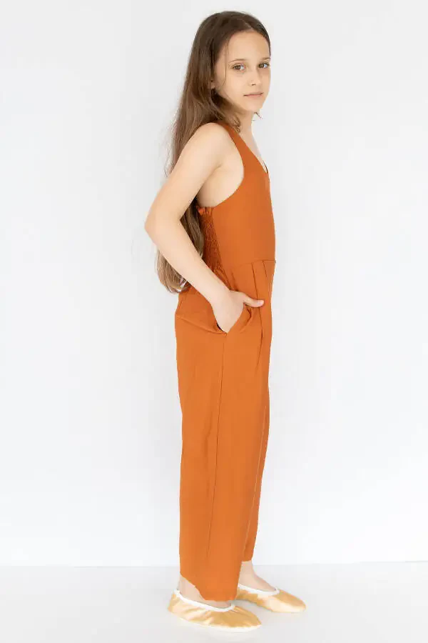 Cinnamon Colored Linen Baby Girl Jumpsuit - 7
