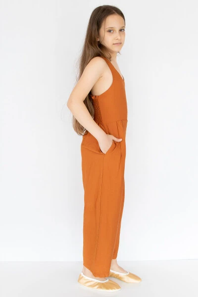 Cinnamon Colored Linen Baby Girl Jumpsuit - 3