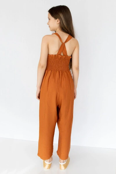 Cinnamon Colored Linen Baby Girl Jumpsuit - 4
