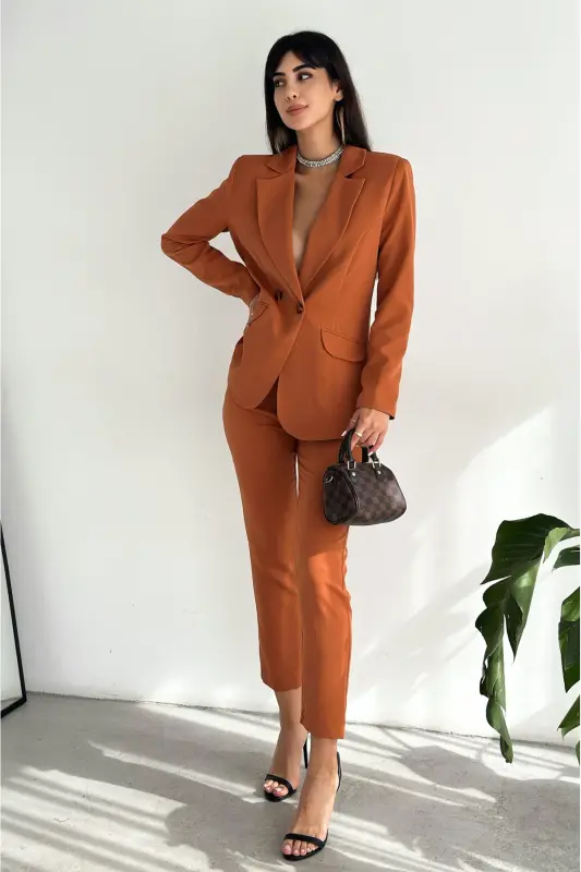 Cinnamon Double-Breasted Blazer Jacket Carrot Pants Suit Dress - 4