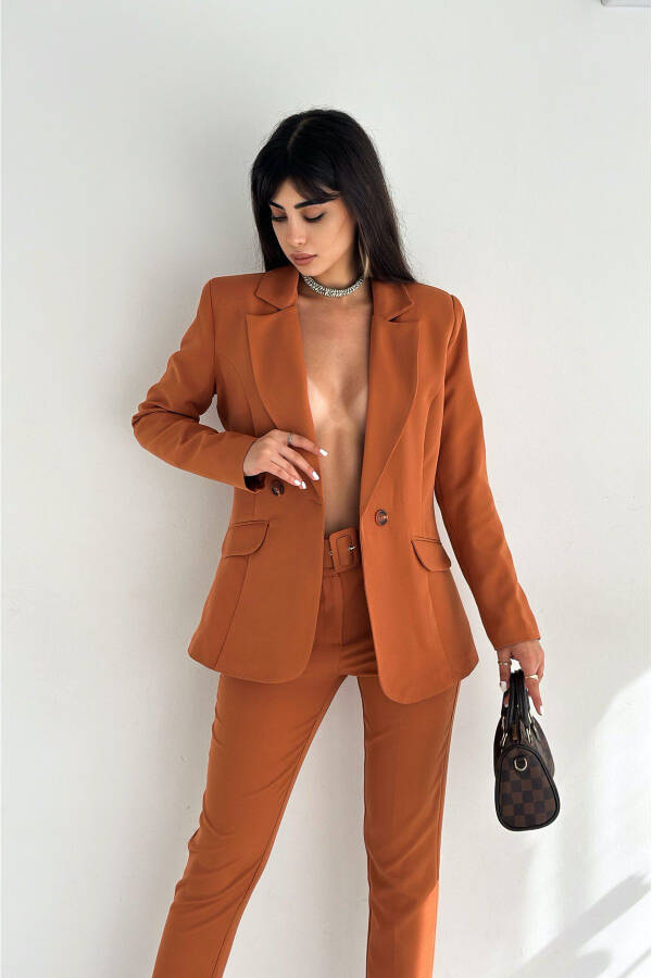 Cinnamon Double-Breasted Blazer Jacket Carrot Pants Suit Dress - 3