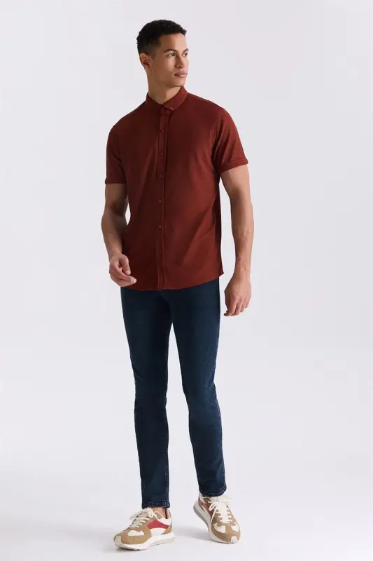 Cinnamon Slim Fit Shirt Collar Buttoned T-Shirt - 2