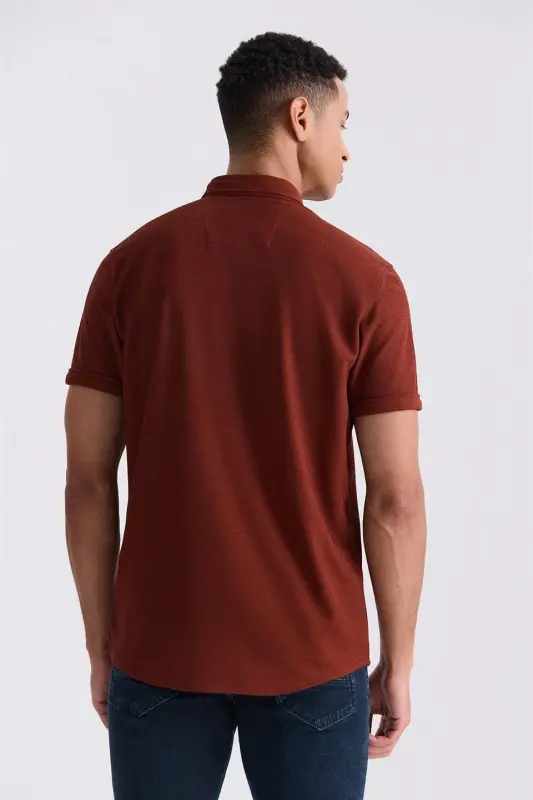 Cinnamon Slim Fit Shirt Collar Buttoned T-Shirt - 4