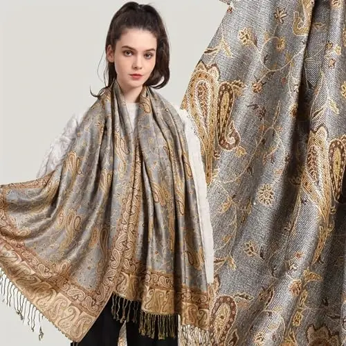 Ciormis Two Tone Silky Paisley PasModazoneina Shawl Scarf,Soft Women's Rave Jacquard PasModazoneinas Wrap Scarves - 2