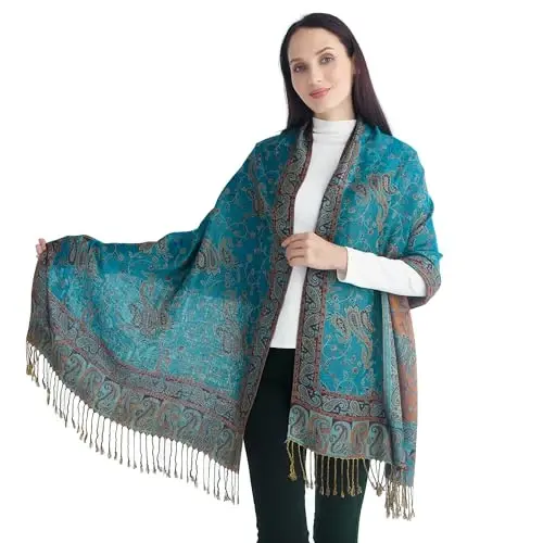 Ciormis Two Tone Silky Paisley PasModazoneina Shawl Scarf,Soft Women's Rave Jacquard PasModazoneinas Wrap Scarves - CIORMIS
