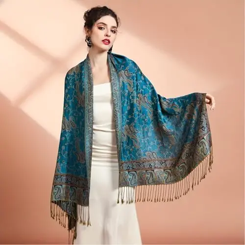 Ciormis Two Tone Silky Paisley PasModazoneina Shawl Scarf,Soft Women's Rave Jacquard PasModazoneinas Wrap Scarves - 5