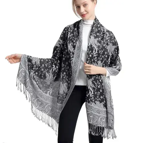 Ciormis Two Tone Silky Paisley PasModazoneina Shawl Scarf,Soft Women's Rave Jacquard PasModazoneinas Wrap Scarves - CIORMIS