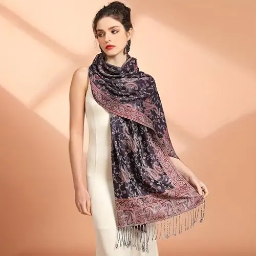 Ciormis Two Tone Silky Paisley PasModazoneina Shawl Scarf,Soft Women's Rave Jacquard PasModazoneinas Wrap Scarves - 2