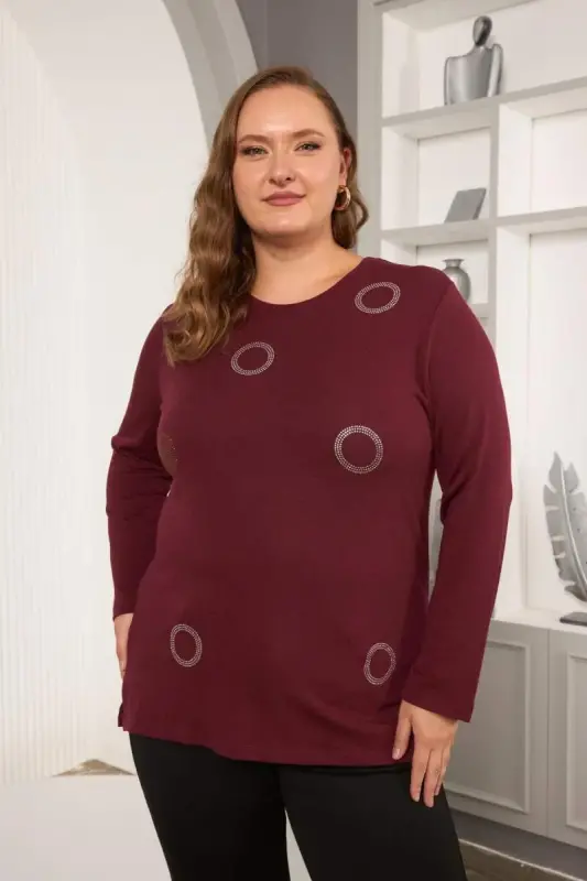 Circle Stone Embellished Plus Size Blouse Burgundy - 1