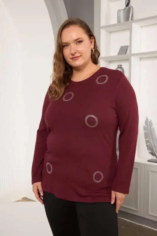 Circle Stone Embellished Plus Size Blouse Burgundy - 3