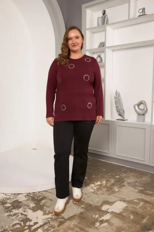 Circle Stone Embellished Plus Size Blouse Burgundy - 6