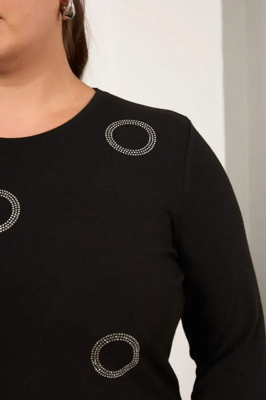 Circle Stone Embroidered Plus Size Blouse Black - 2