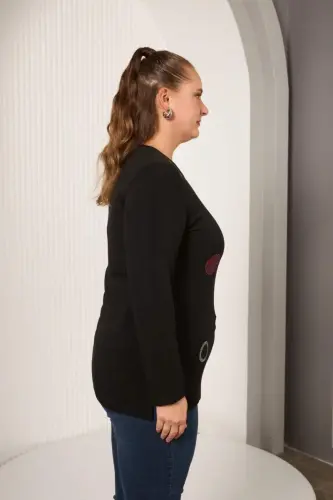 Circle Stone Embroidered Plus Size Blouse Black - 3