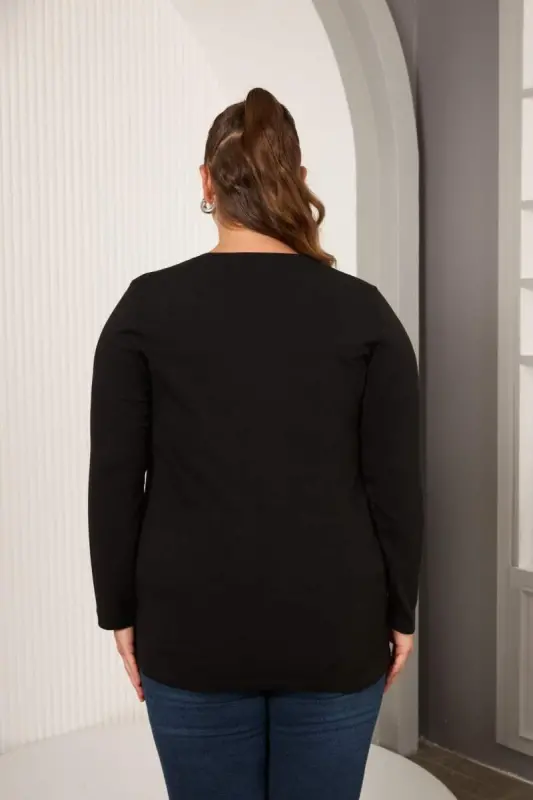 Circle Stone Embroidered Plus Size Blouse Black - 5