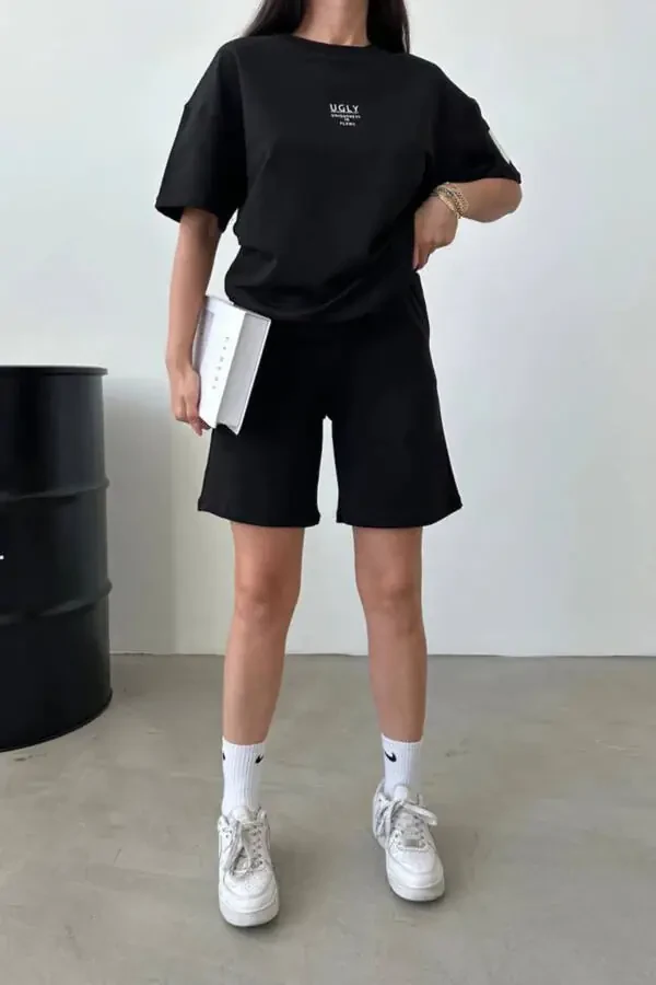 Ugly Baskılı Siyah Şort T-shirt Takım Oversize Bisiklet Yaka Tişört Takım Unisex-Siyah - 2