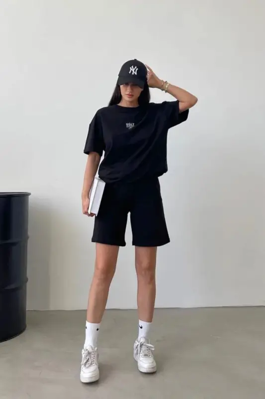 Ugly Baskılı Siyah Şort T-shirt Takım Oversize Bisiklet Yaka Tişört Takım Unisex - Siyah - DUBU BUTİK